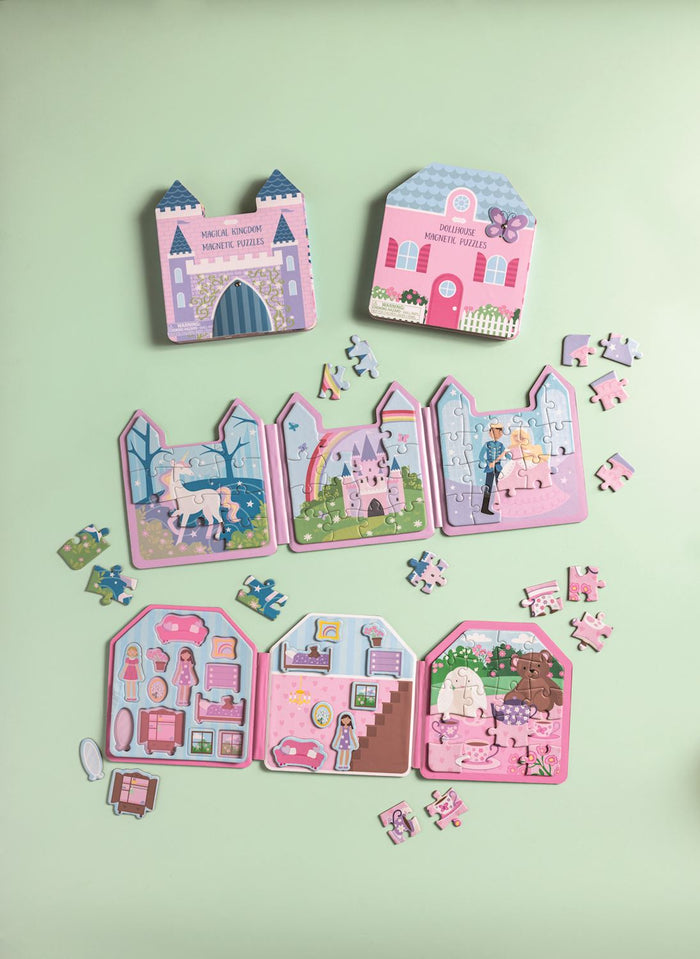 Set of colorful children's puzzles shaped like houses and castles on a light green background