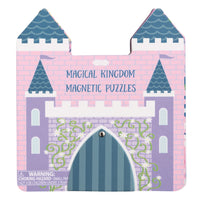 Castle-shaped packaging for 'Magical Kingdom Magnetic Puzzles' with pink and purple colors.