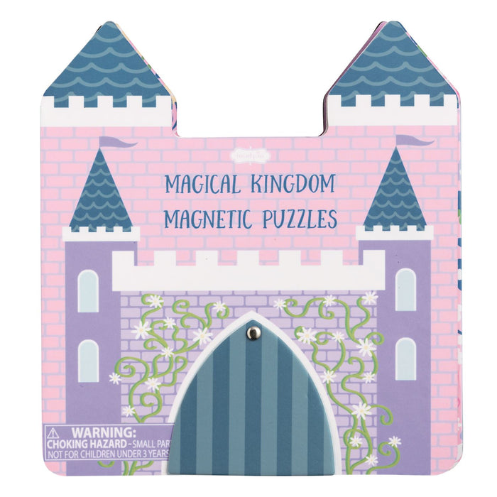 Castle-shaped packaging for 'Magical Kingdom Magnetic Puzzles' with pink and purple colors.