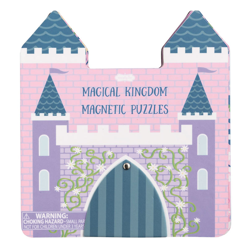 Castle-shaped packaging for 'Magical Kingdom Magnetic Puzzles' with pink and purple colors.