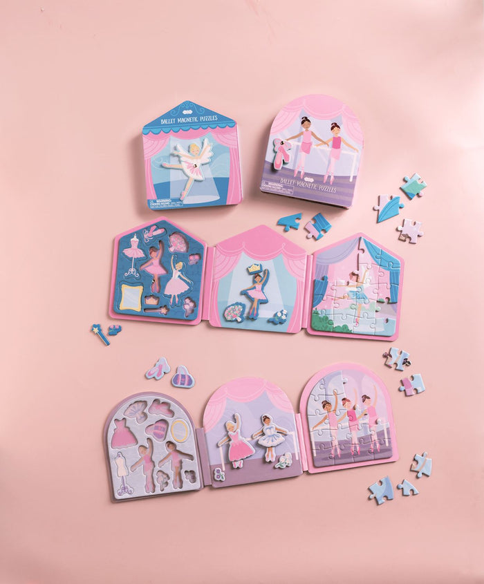 Set of ballerina-themed paper puzzles on a pink background