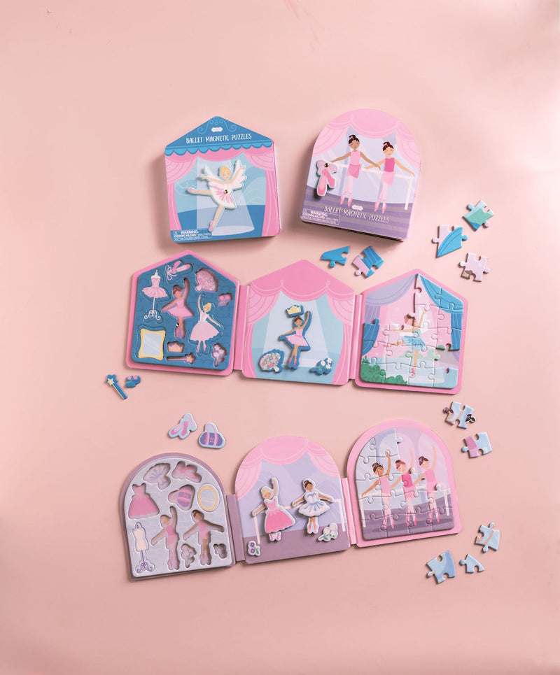 Set of ballerina-themed paper puzzles on a pink background