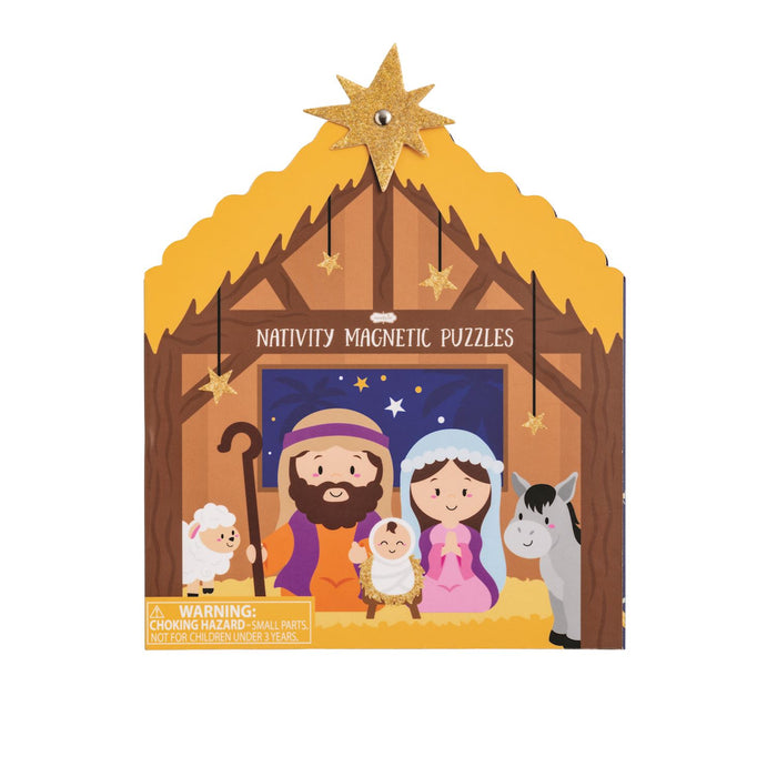 Nativity scene magnetic puzzles packaging with cartoon characters and star on a white background