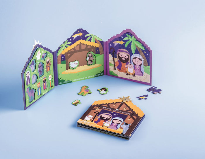 Children's puzzle with Nativity scene design on a blue background