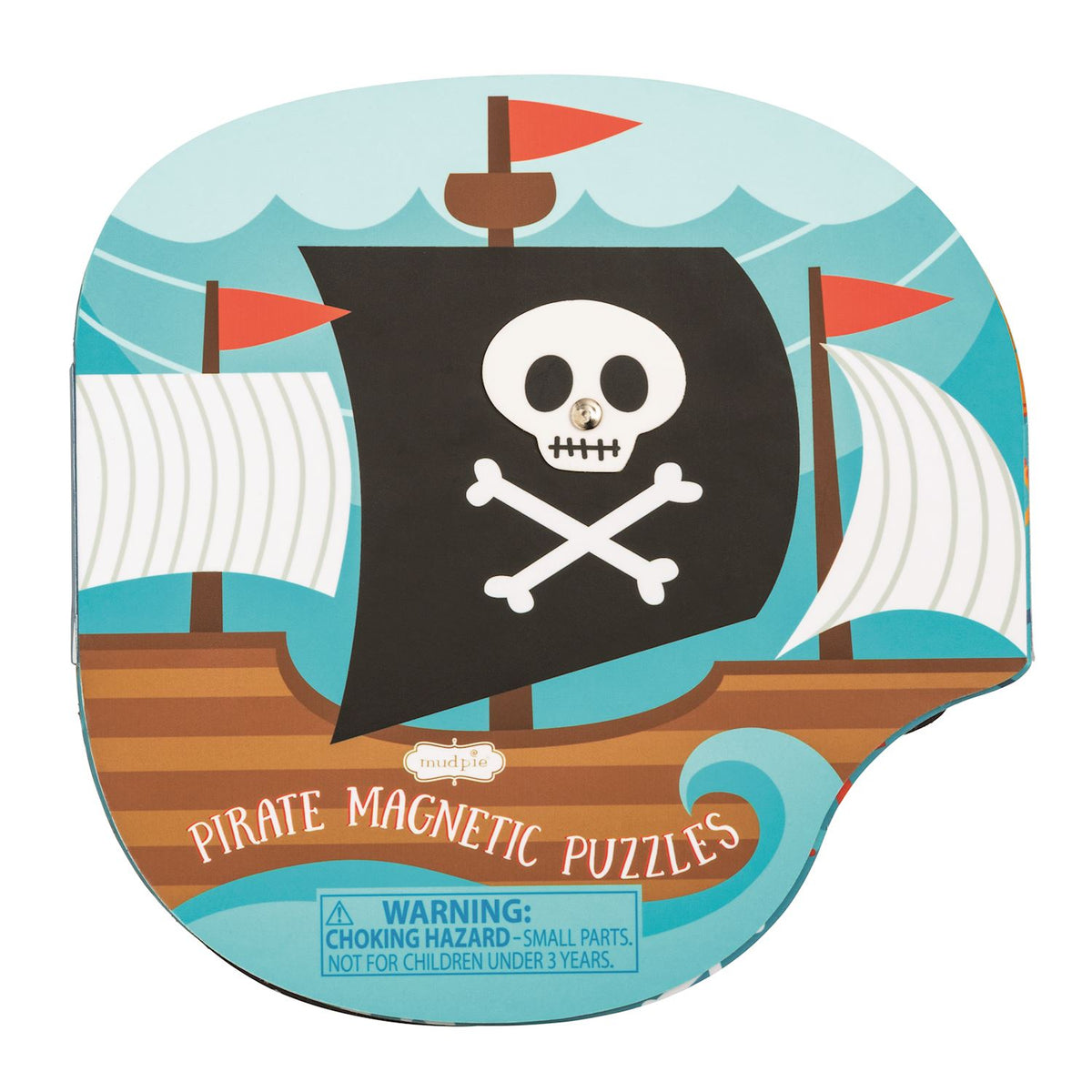 Pirate-themed magnetic puzzles packaging with a ship and skull design on a blue background. mud pie 