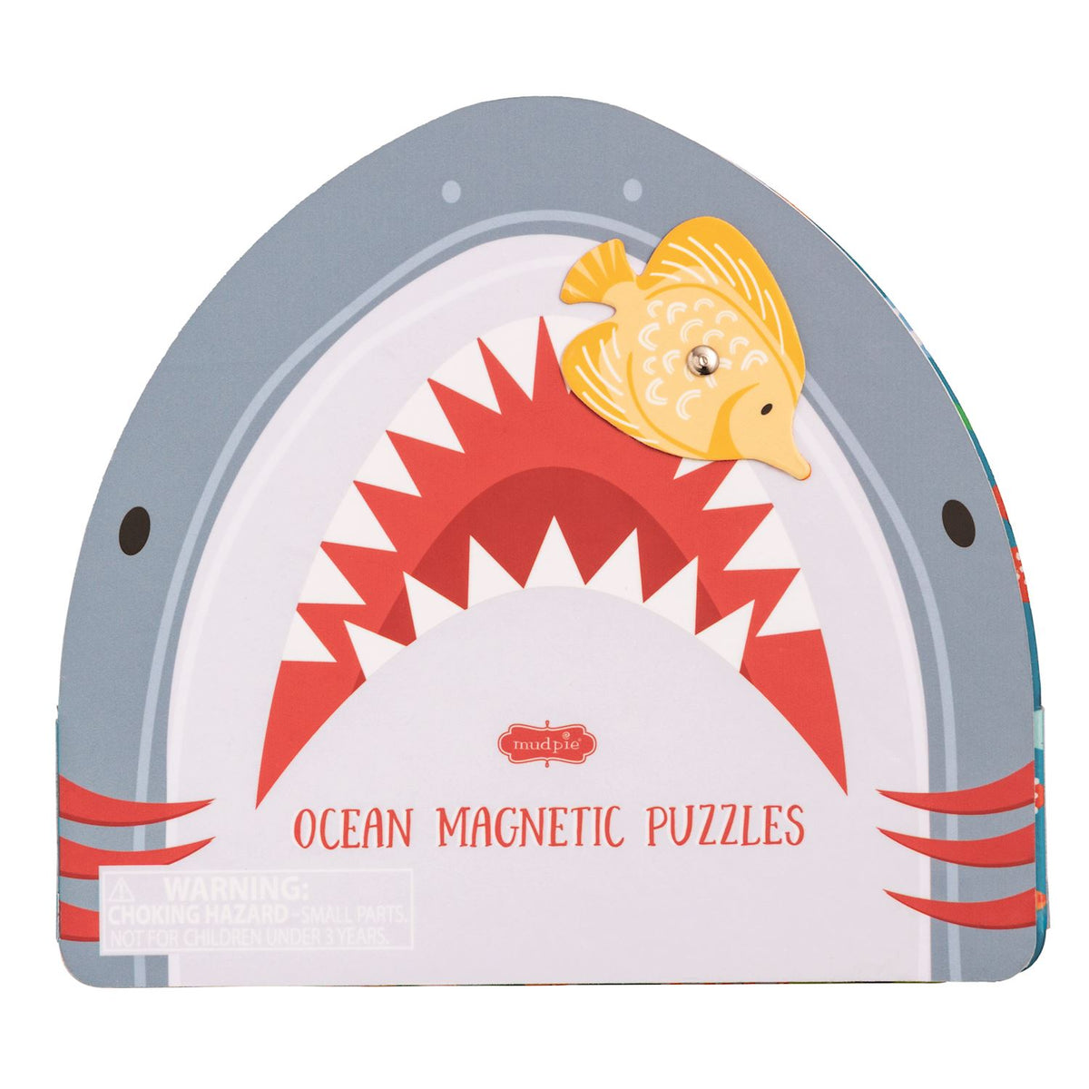 Shark-shaped packaging for ocean magnetic puzzles with a yellow fish on a white background mud pie 