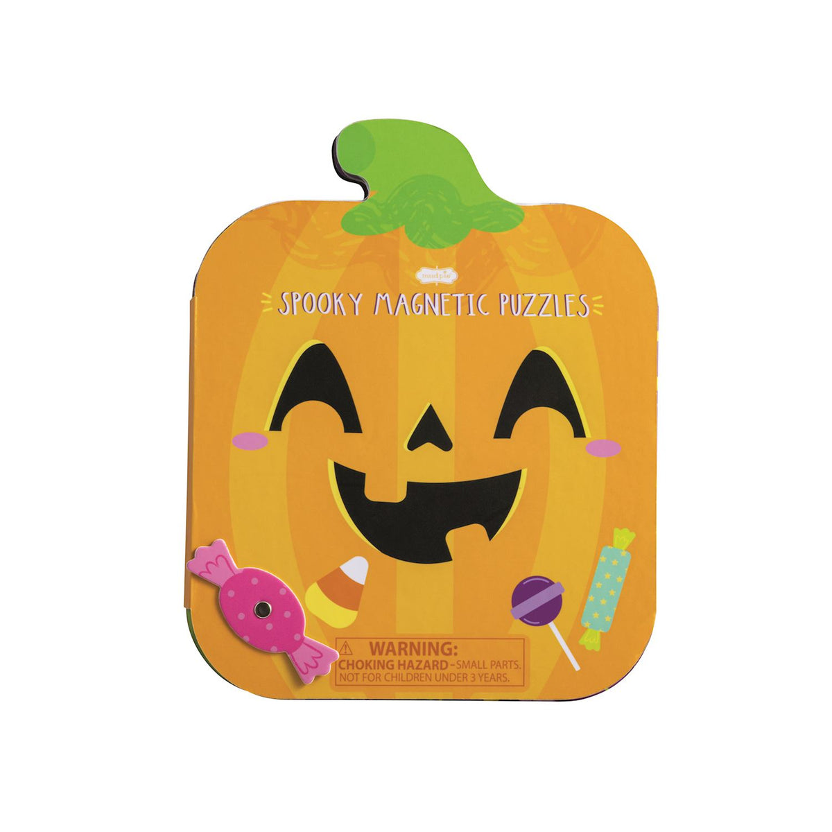 Pumpkin-shaped magnetic puzzle with a smiling face on a white background