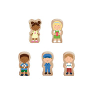 Set of toy figures representing diverse children on a white background
