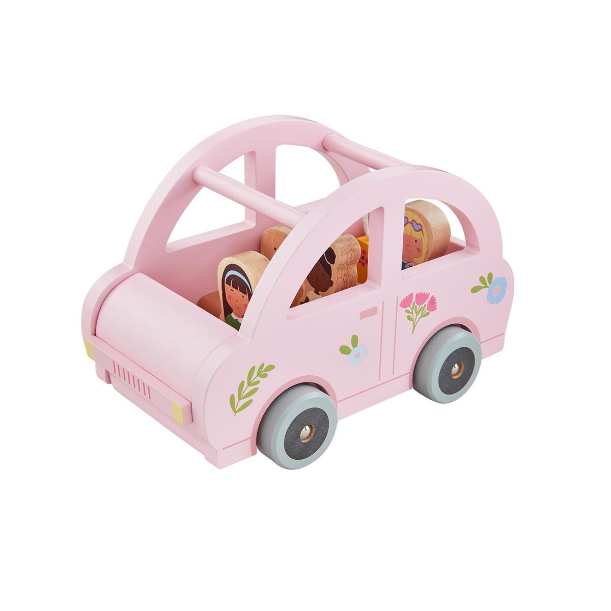 Pink toy car with wooden figures inside on a white background
