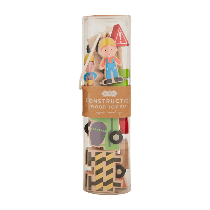 Construction wood toy set in a cylindrical packaging on a white background