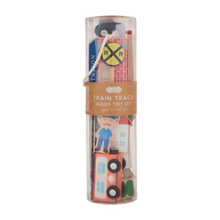 Wooden toy train set in a cylindrical packaging on a white background