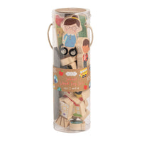 Wooden toy set in a cylindrical packaging on a white background