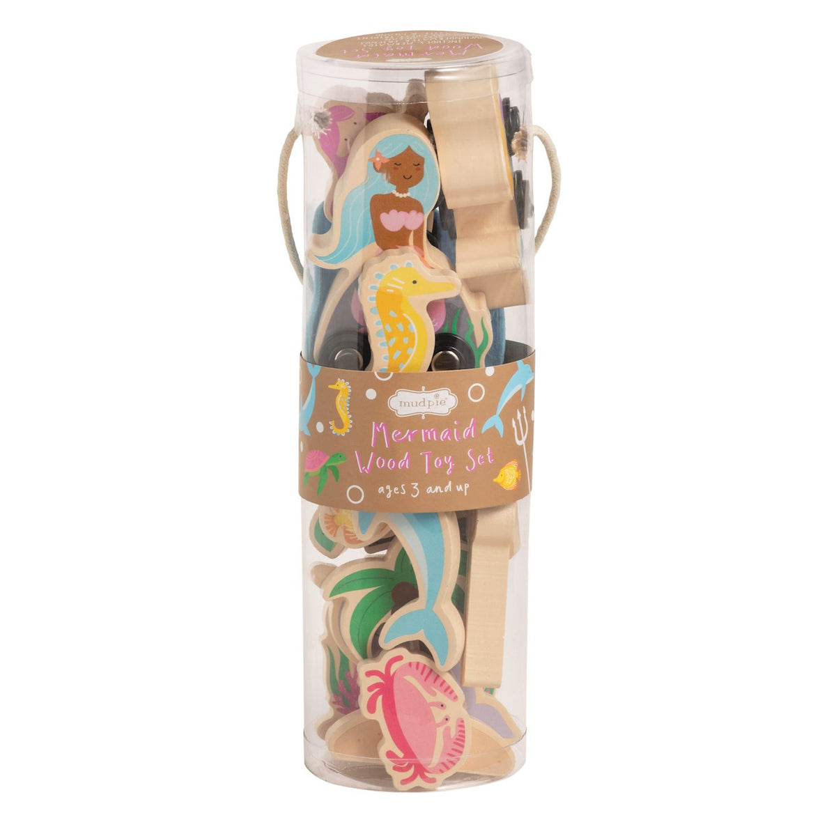Wooden mermaid toy set in a clear cylindrical packaging on a white background