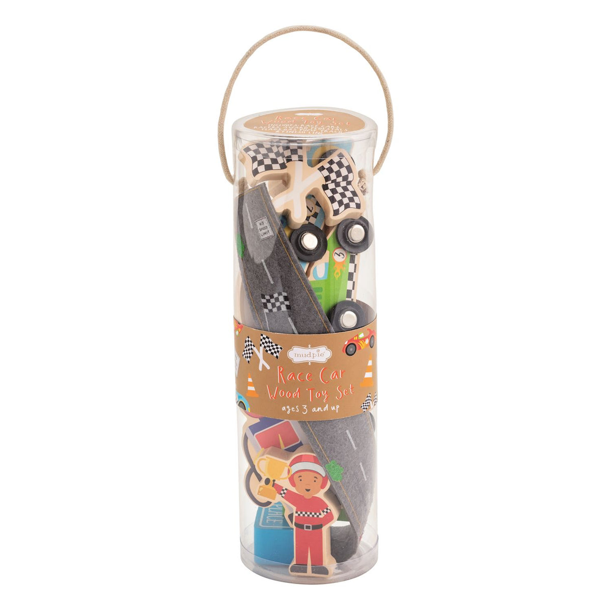 Wooden toy set in a cylindrical packaging with a race car theme on a white background