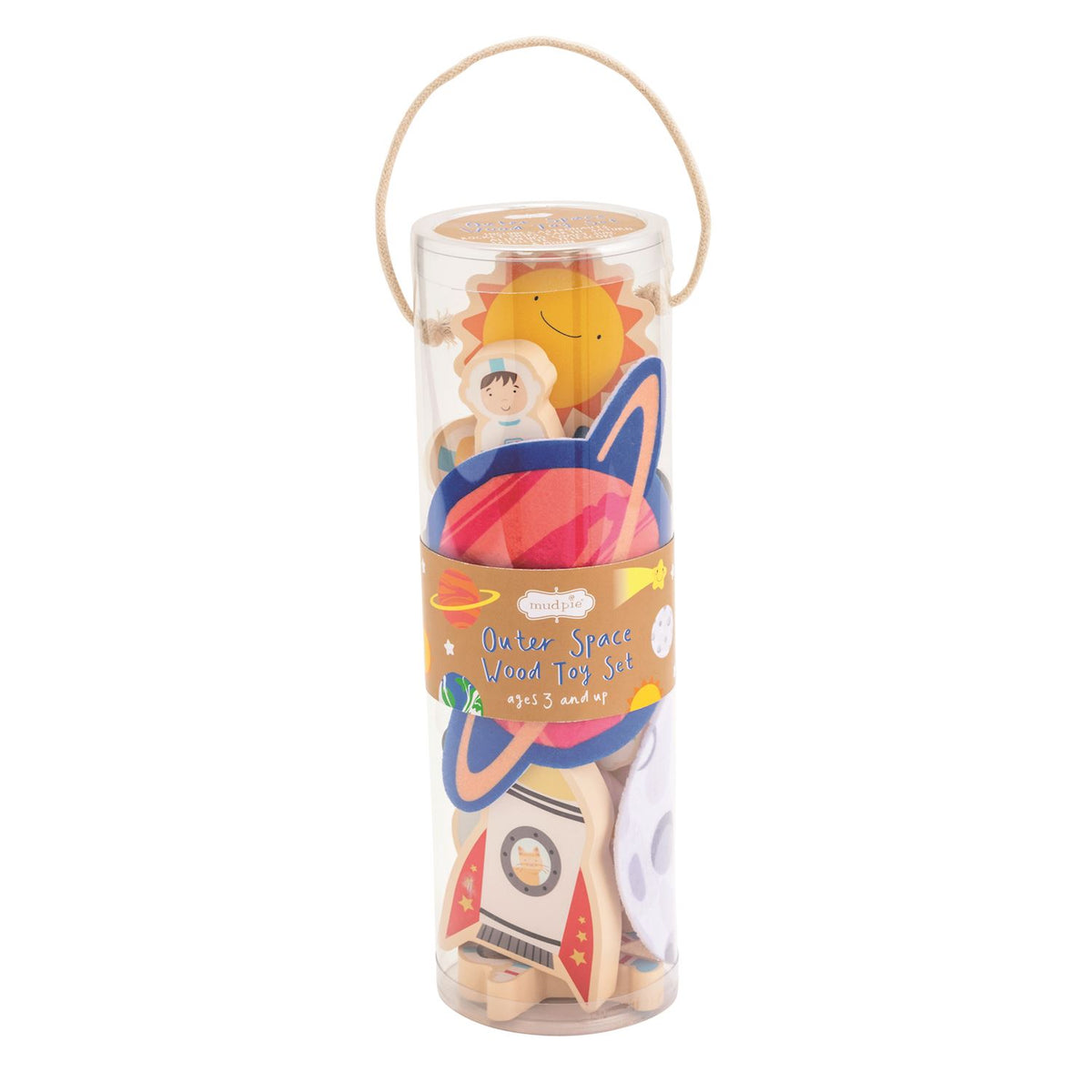 Toy set in a cylindrical packaging with space-themed illustrations on a white background