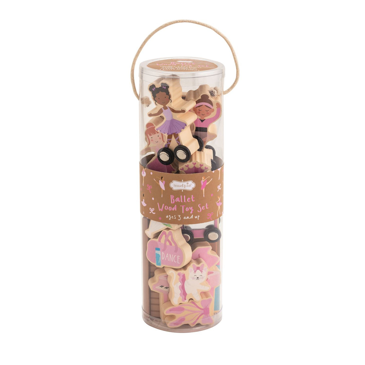 Tubular packaging with wooden toys featuring animal designs and ballet-themed elements on a white background.