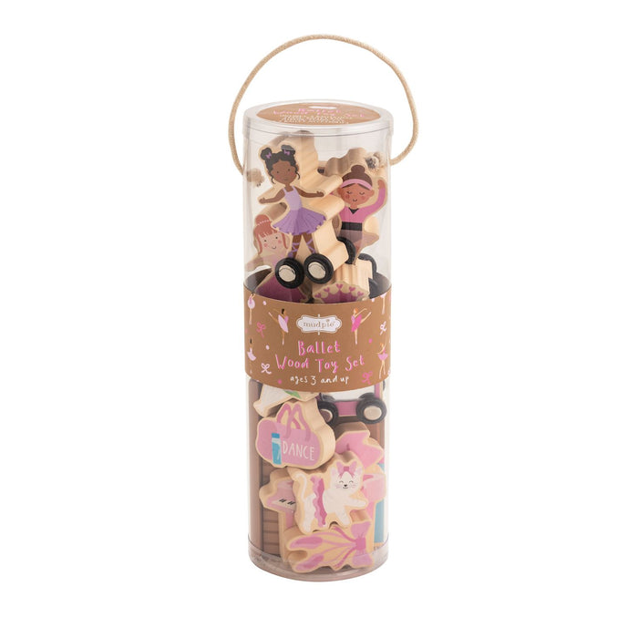 Tubular packaging with wooden toys featuring animal designs and ballet-themed elements on a white background.