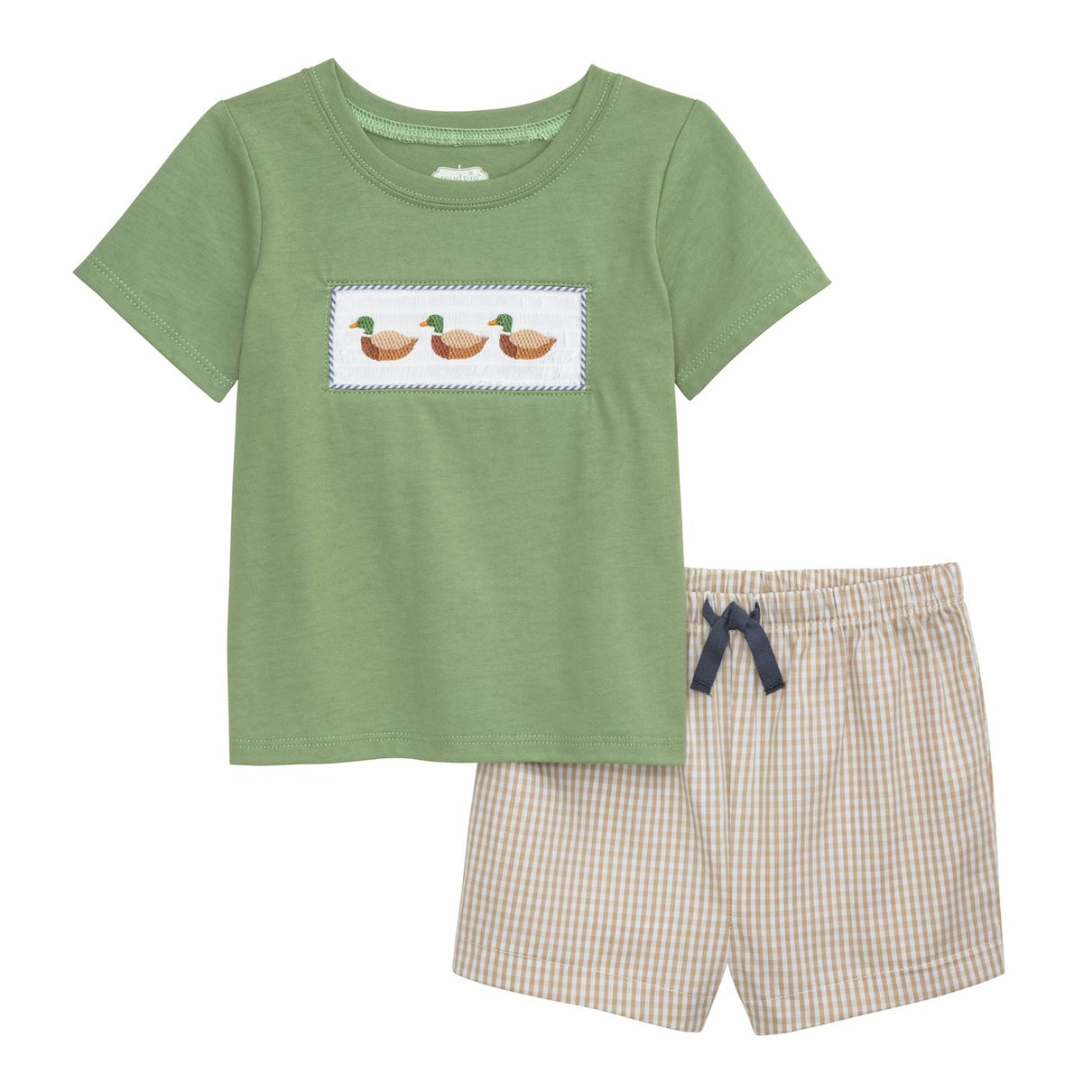 Green t-shirt with duck design and checkered shorts on a white background mud pie toddler clothing 