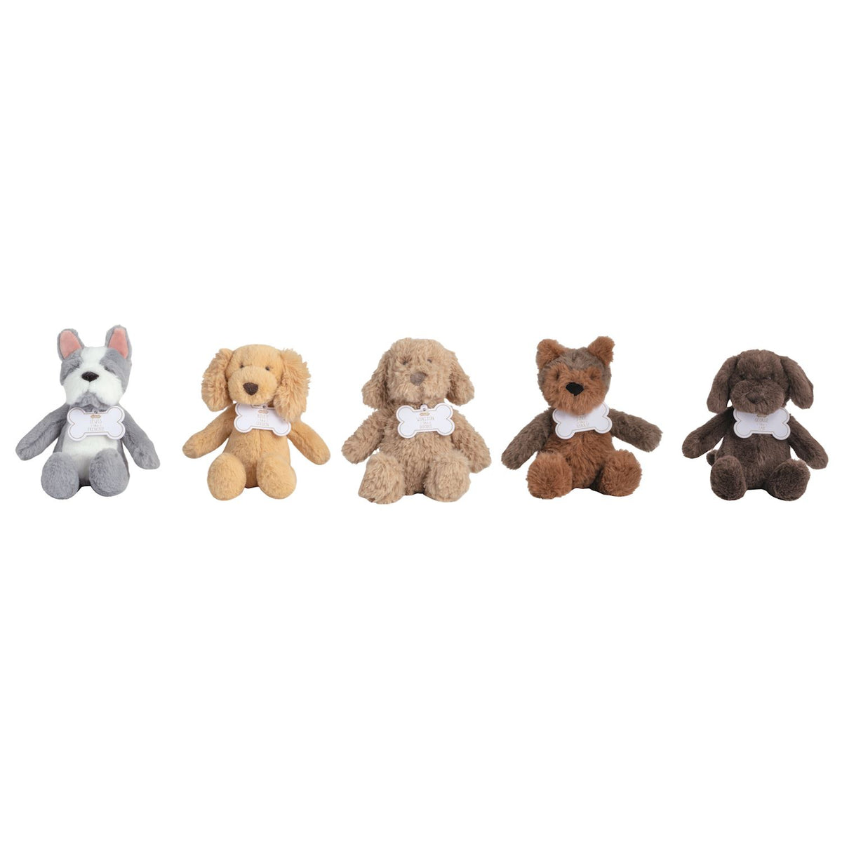 Five plush toys resembling dogs with white bows on a white background mud pie 