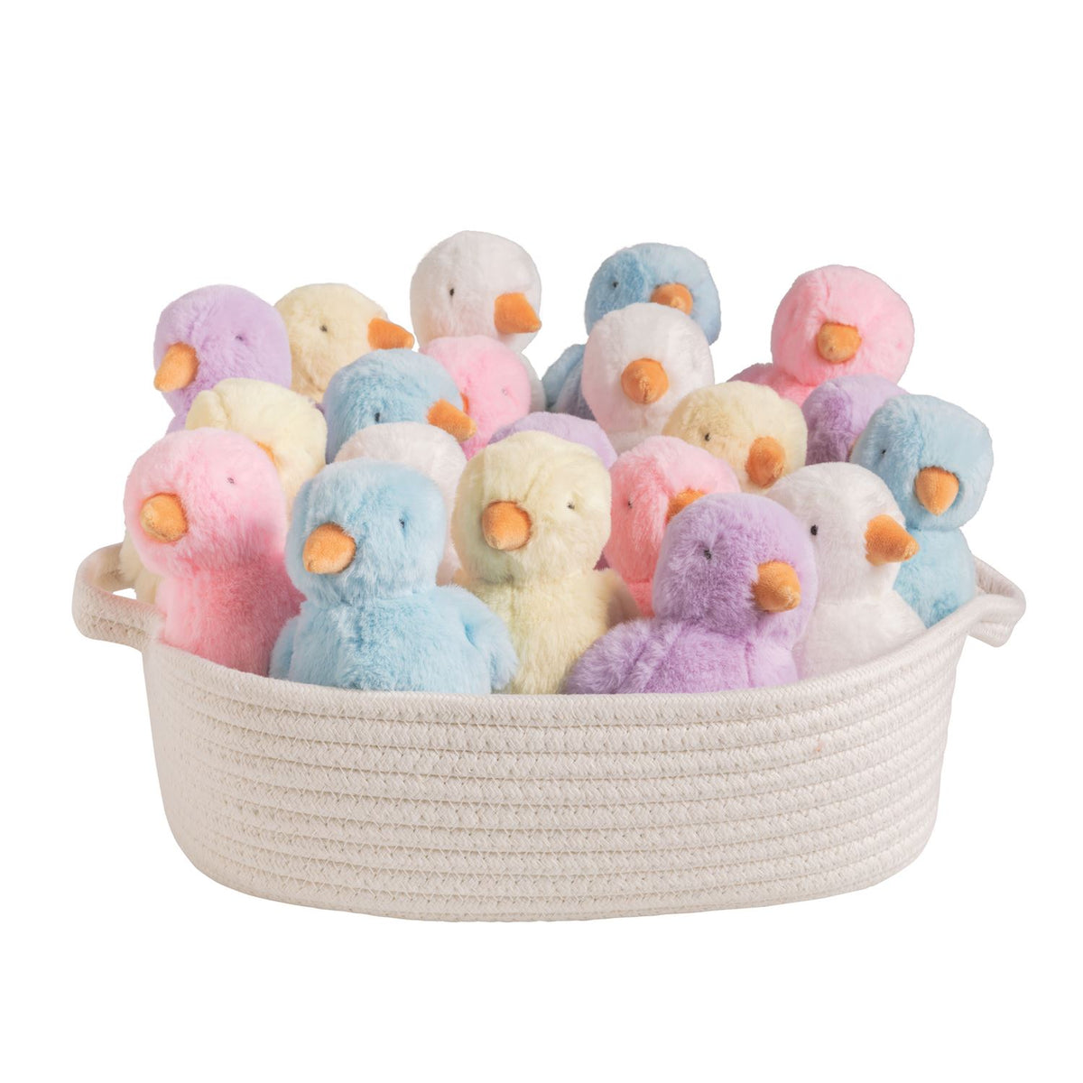 Basket filled with pastel-colored plush chicks on a white background mud pie 