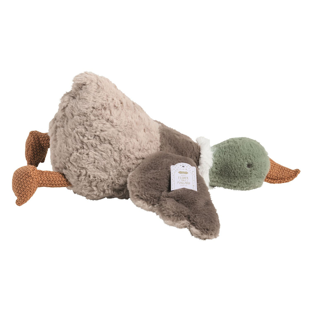 Plush duck toy with a tag on a white background mud pie fisher