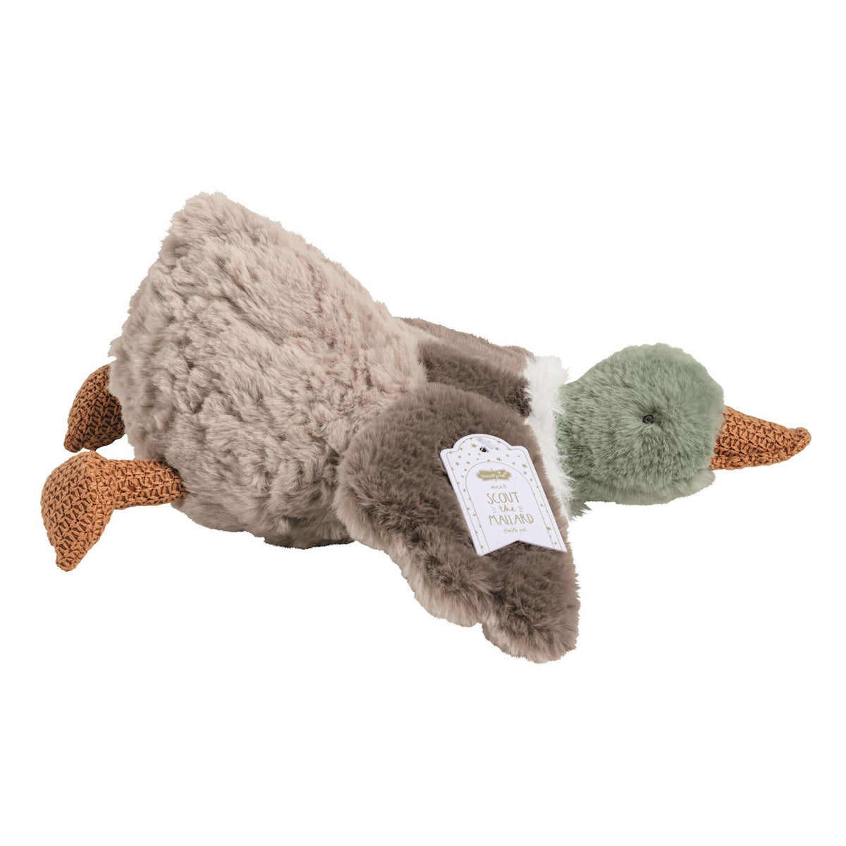 Plush toy resembling a duck with a tag on a white background mud pie scout 
