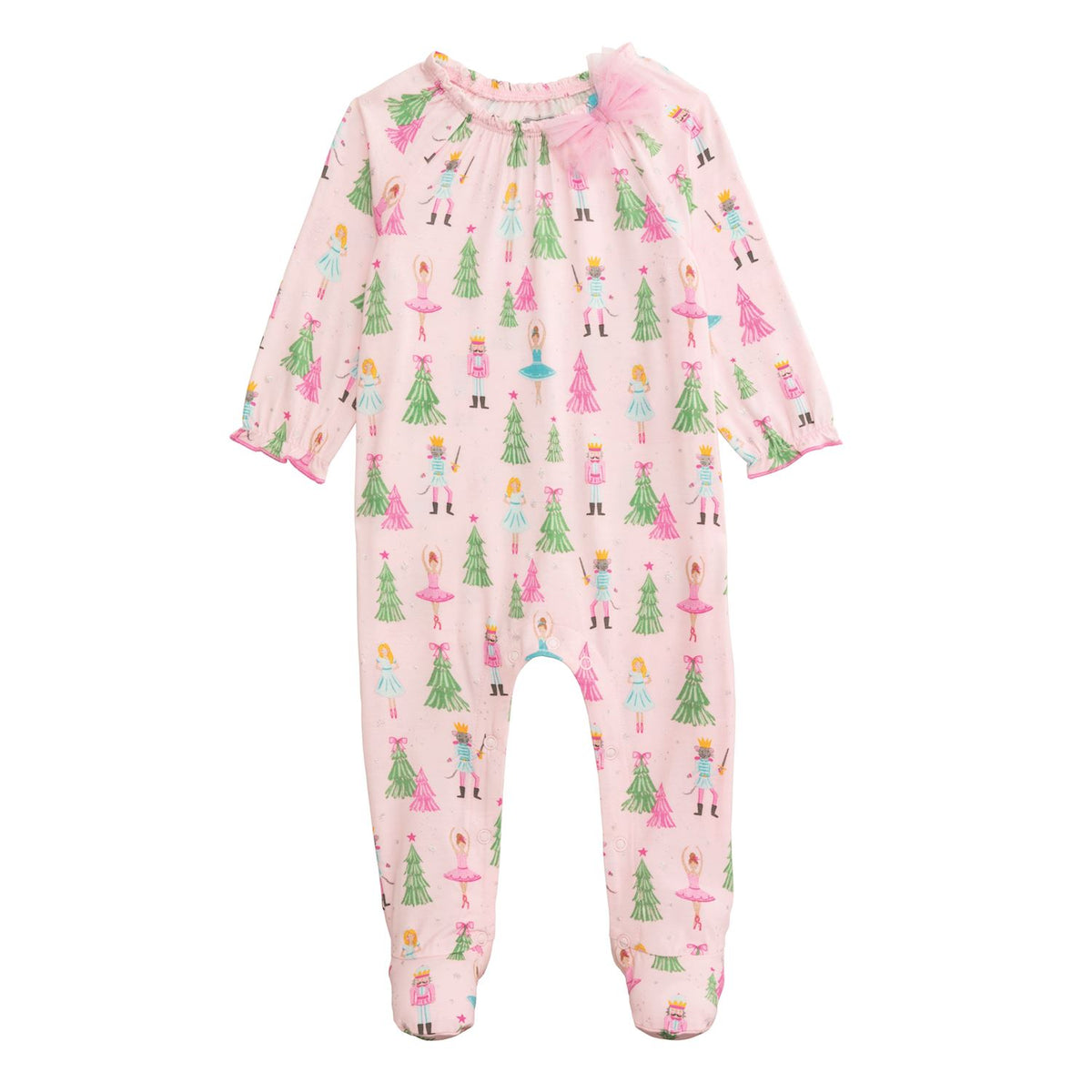Baby sleeper with colorful tree and fairy pattern on a pink background