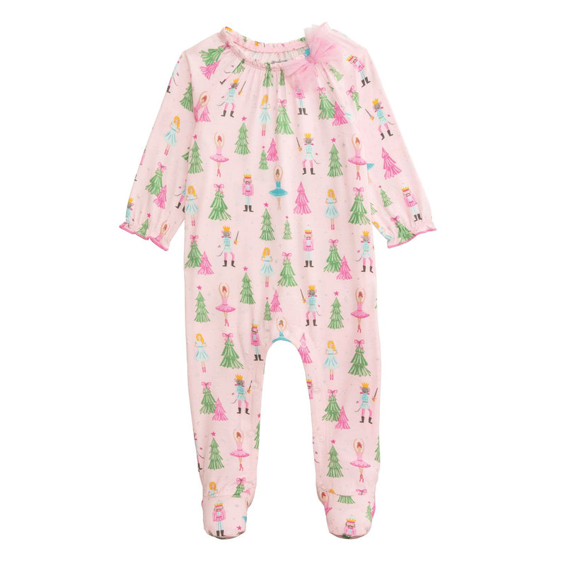 Baby sleeper with colorful tree and fairy pattern on a pink background