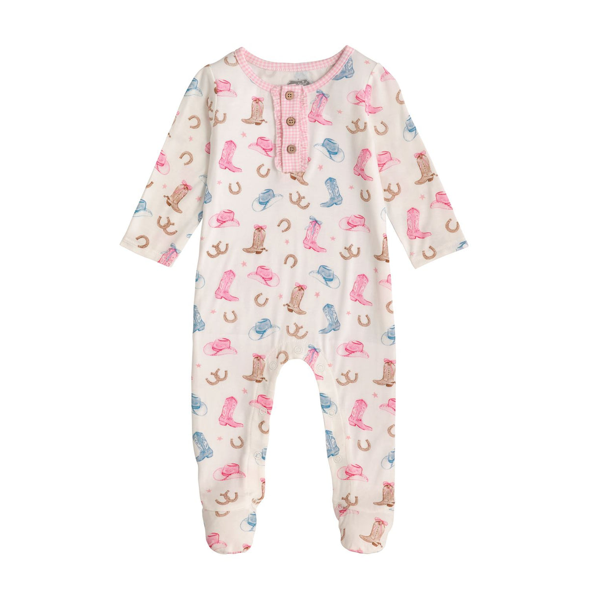 Baby one piece sleeper with cowboy boot pattern on a white background