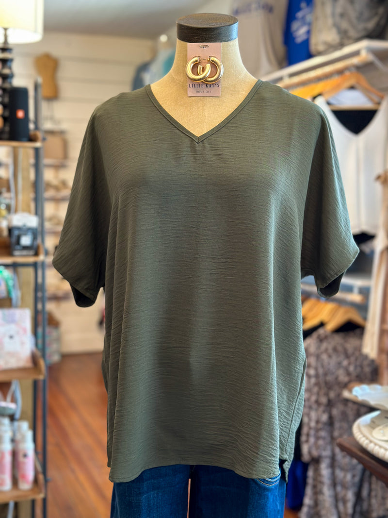 v neck olive green basic top polyester