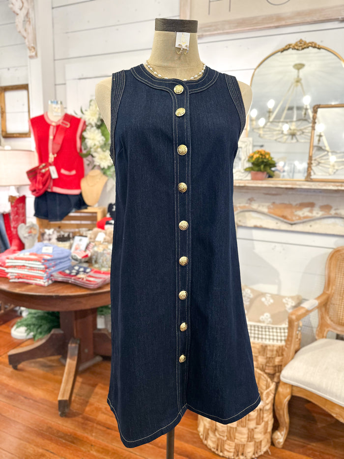 dark wash denim dress 
with gold buttons down the front 