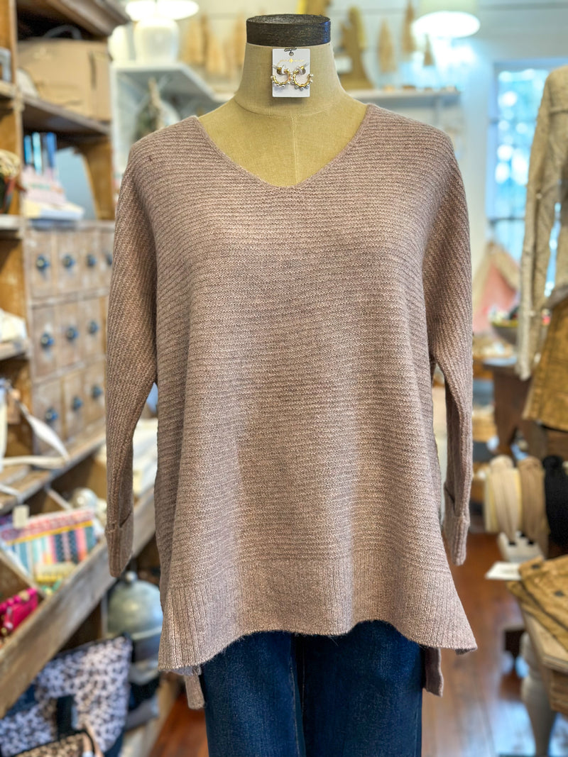 dusty pink v neck sweater with side slit