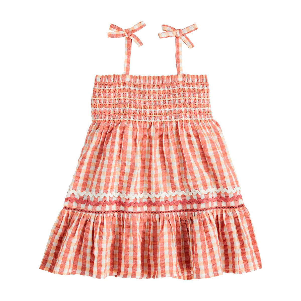 orange cream and yellow checkered dress with bow straps on a white background toddler sizes mud pie 
