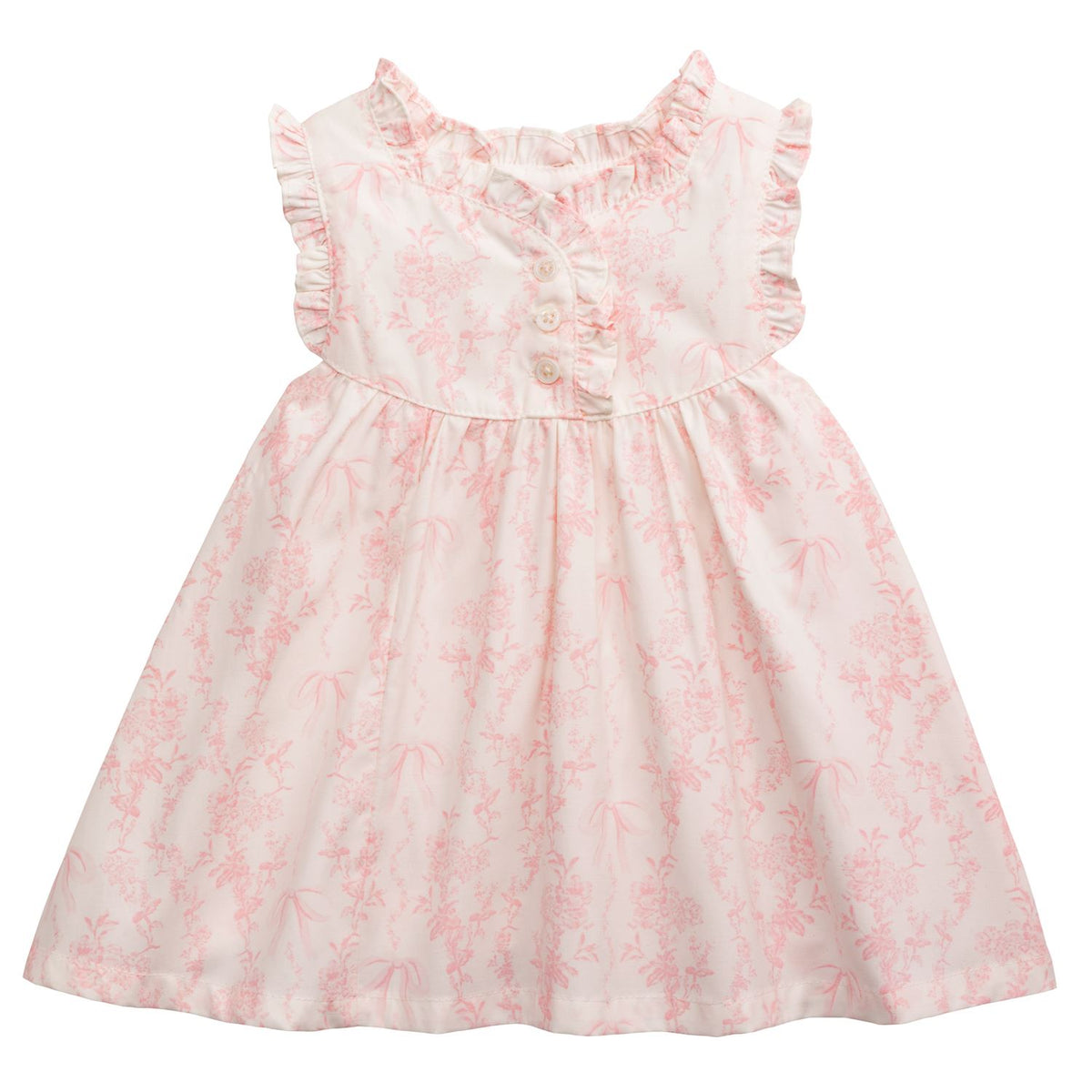 Pink floral dress with ruffled neckline on a white background