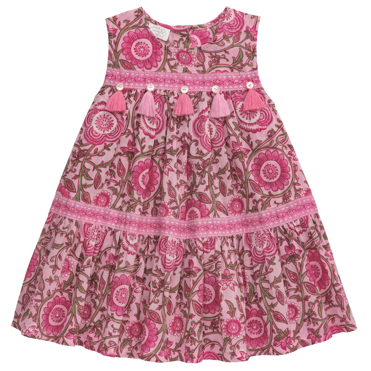 Pink floral dress with tassels on a white background mud pie baby and toddler dress 
