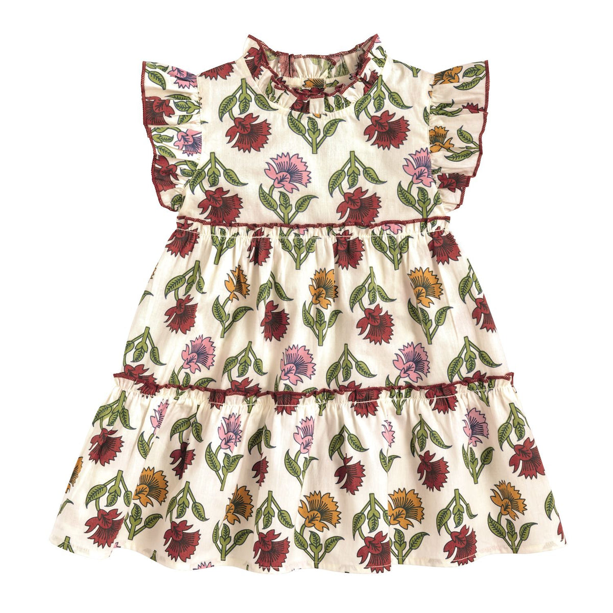 Floral dress with red and green patterns on a white background mud pie 
