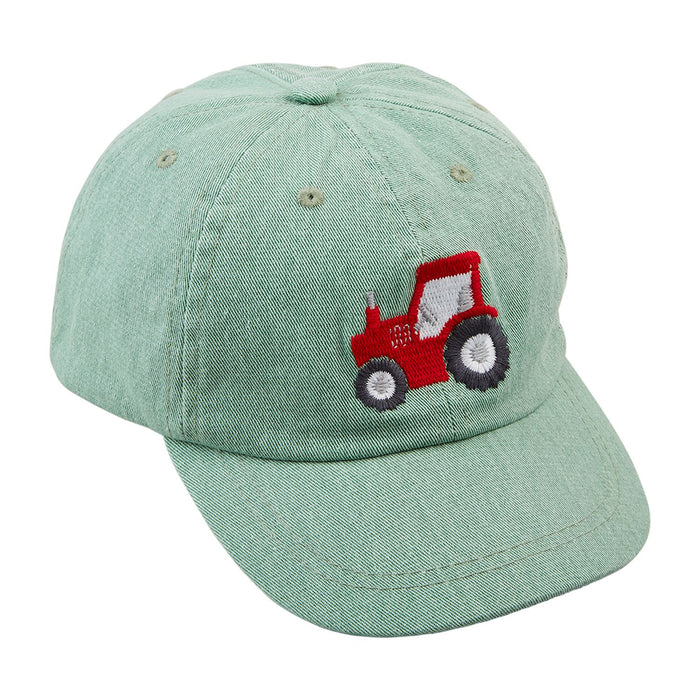 green toddler tractor hat with red tractor