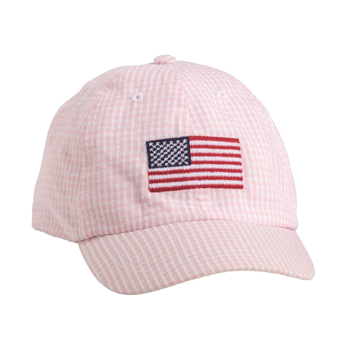 Pink checkered cap with American flag patch on a white background