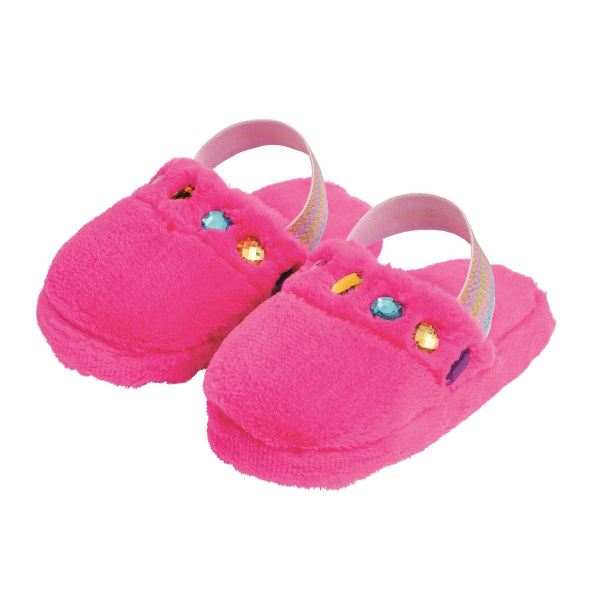 Pair of pink children's sandals with colorful accents on a white background