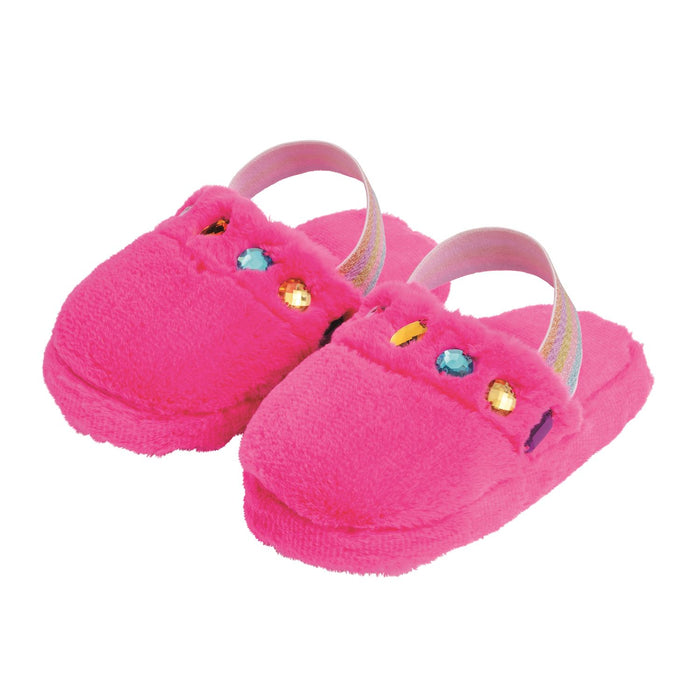 Pair of pink children's sandals with colorful accents on a white background
