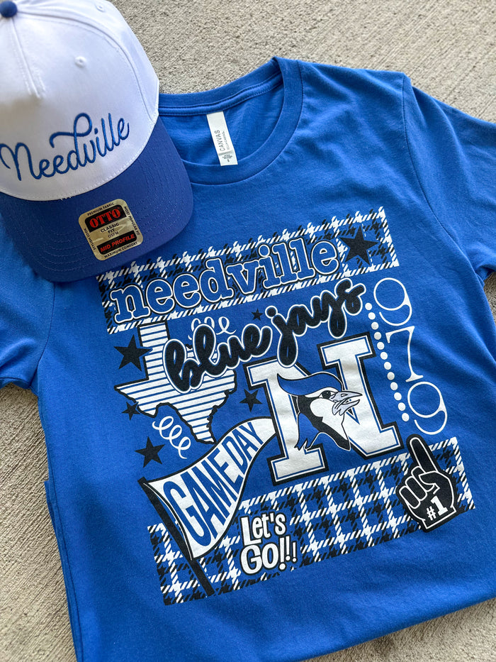Blue t-shirt with 'Neeville Blue Jays' design and matching cap on a beige surface