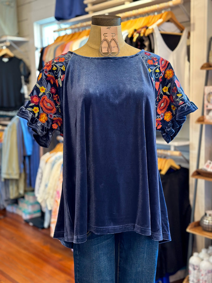 blue velvet umgee top with embroidered sleeves