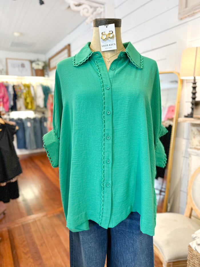 green umgee button down top with scallop details 