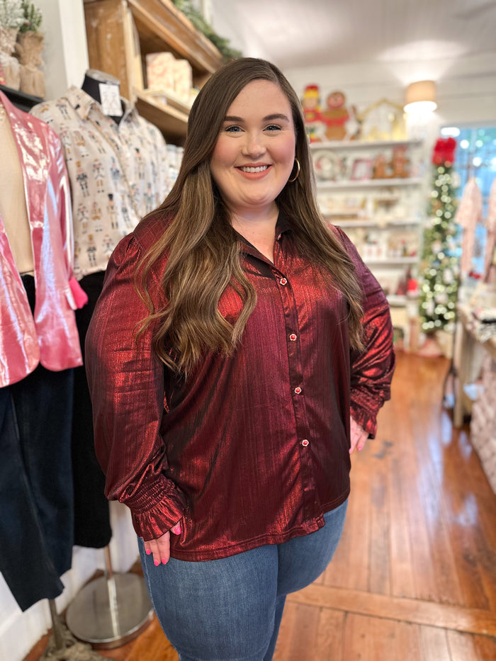 layerz clothing ruby top shimmery red button down 