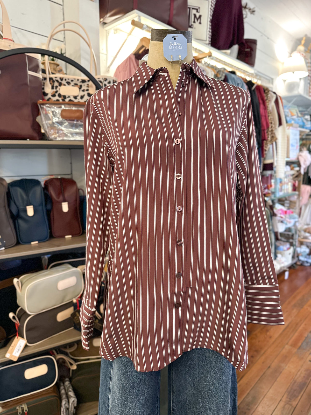 maroon and white stripe long sleeve button down shirt