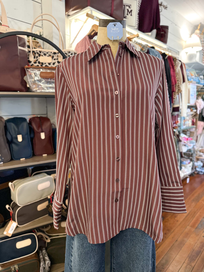 maroon and white stripe long sleeve button down shirt