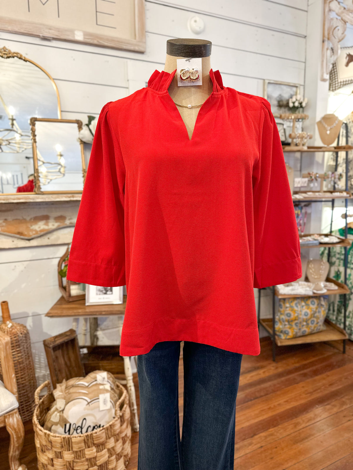 red 3 quarter sleeve blouse ruffle around collar 