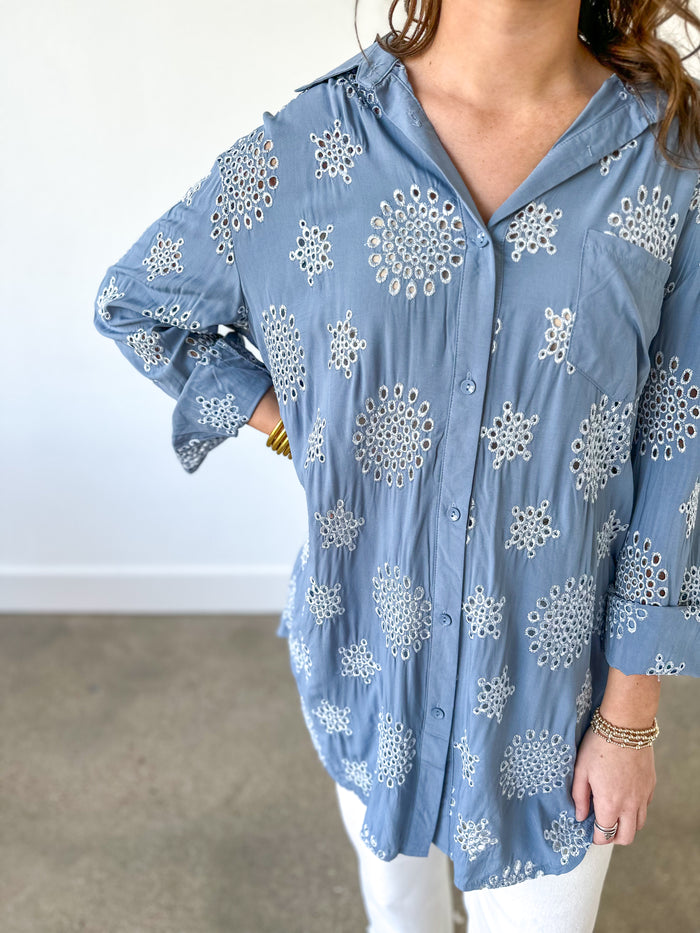 blue eyelet lace tunic top