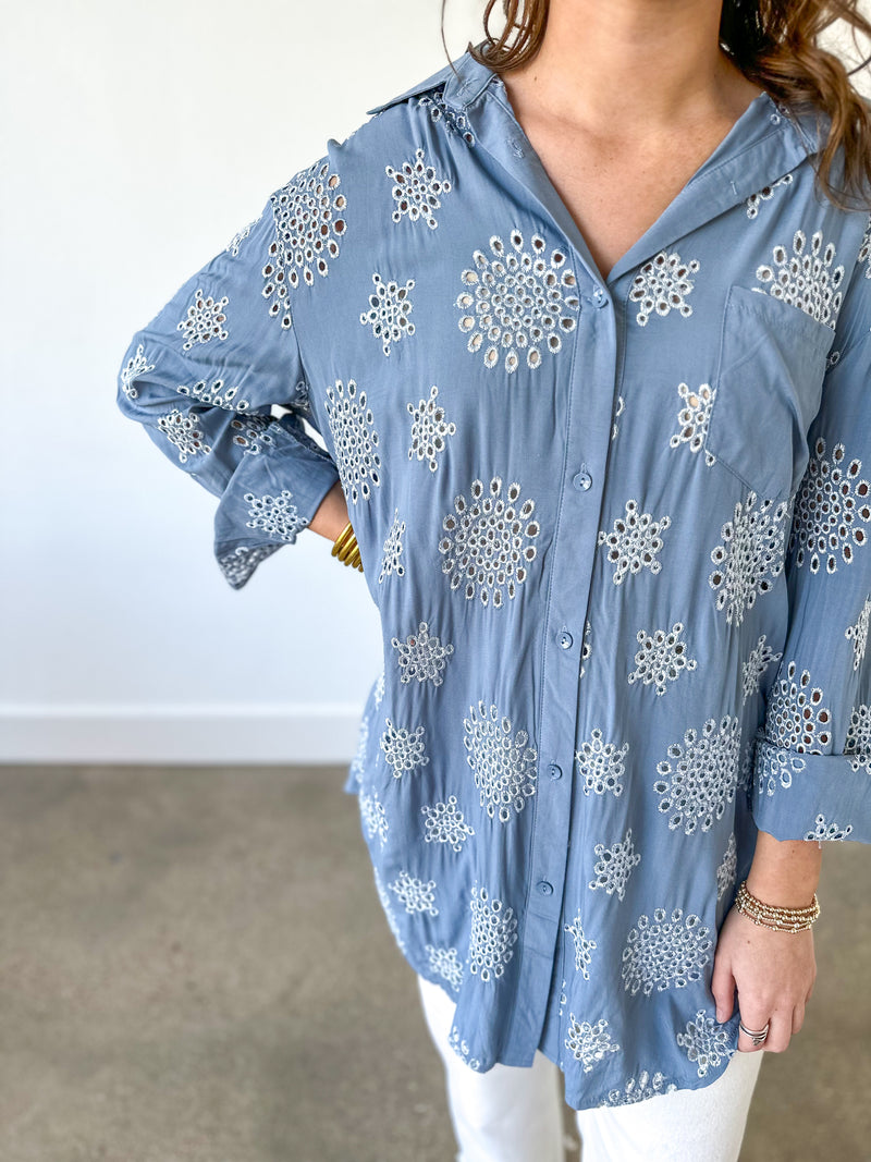 blue eyelet lace tunic top