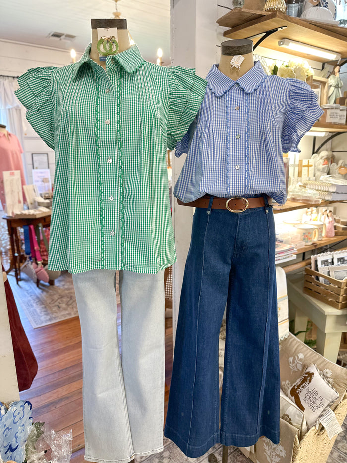 green and white, blue and white checkered top with buttons down the front and scallop hem details 